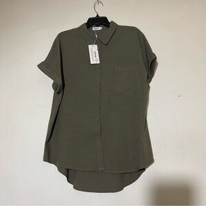 APRAW-Chic Olive Green Button-Up Blouse-%100 cotton